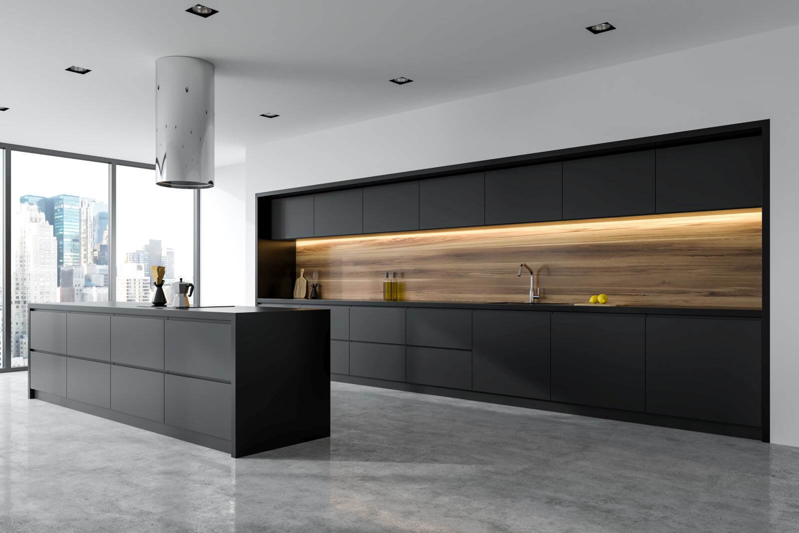 Side view of a panoramic black and wooden kitchen interior with black countertops and an island. 3d rendering mock up