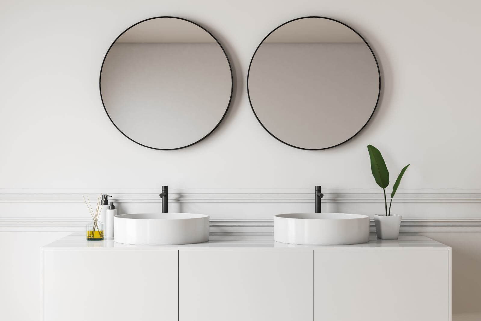 Close up of luxury bathroom with white walls, double sink standing on white countertop and two round mirrors. 3d rendering