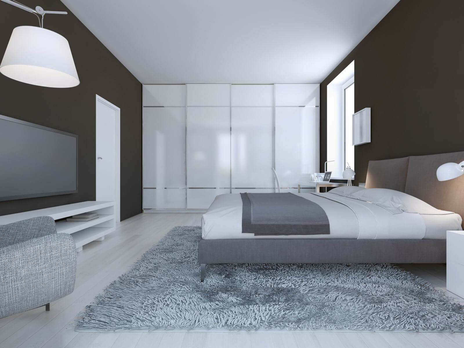 Spacious bedroom minimalist style. Dark brown walls, dressed double bed and large closet with sliding doors. 3D render