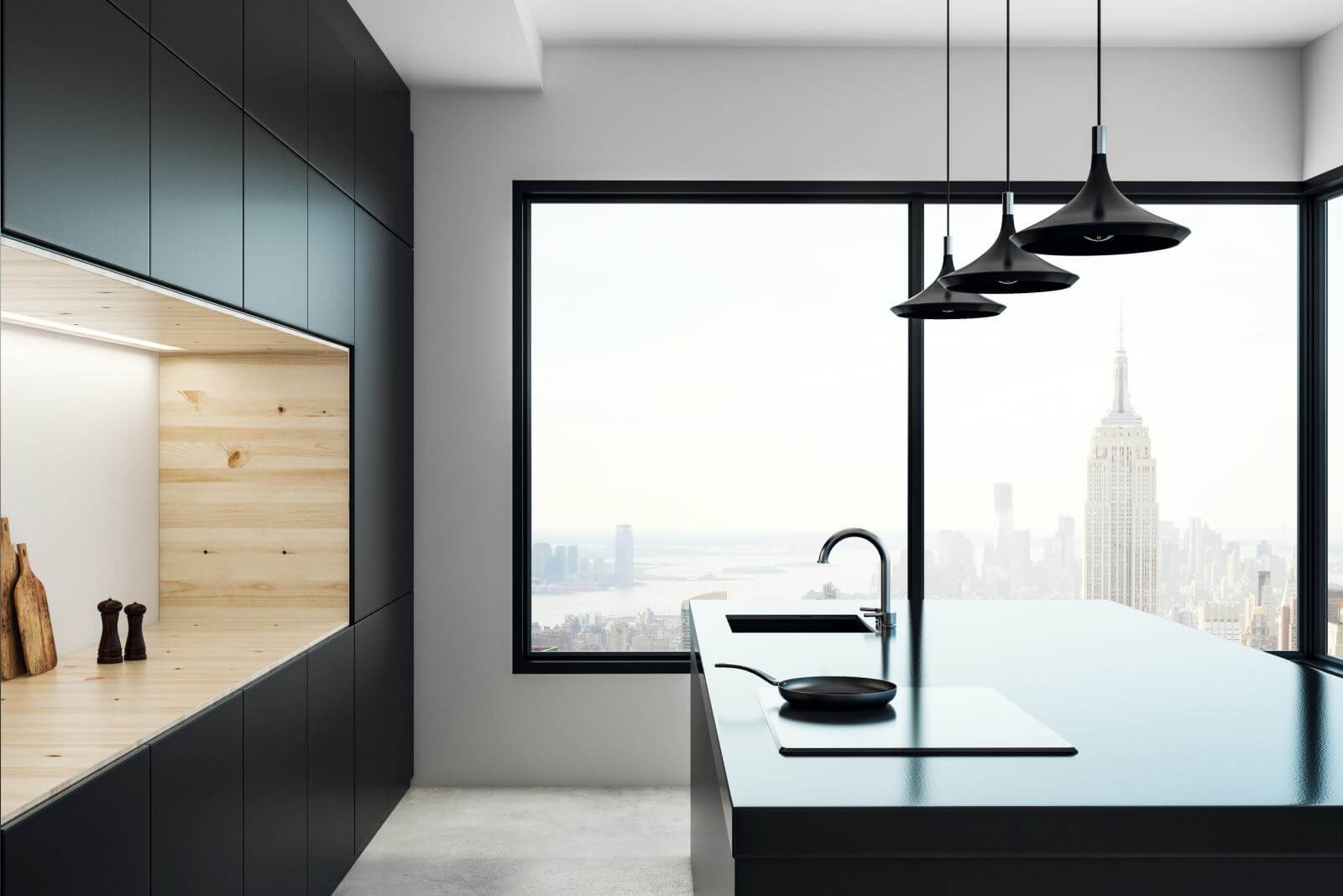 Concrete kitchen studio interior with panoramic New York city view and daylight. 3D Rendering