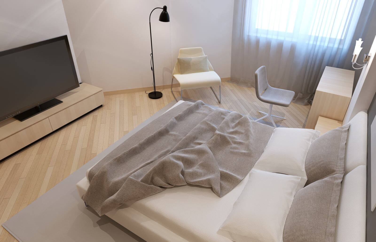 Unmade bed in avangard bedroom with white walls. 3D render