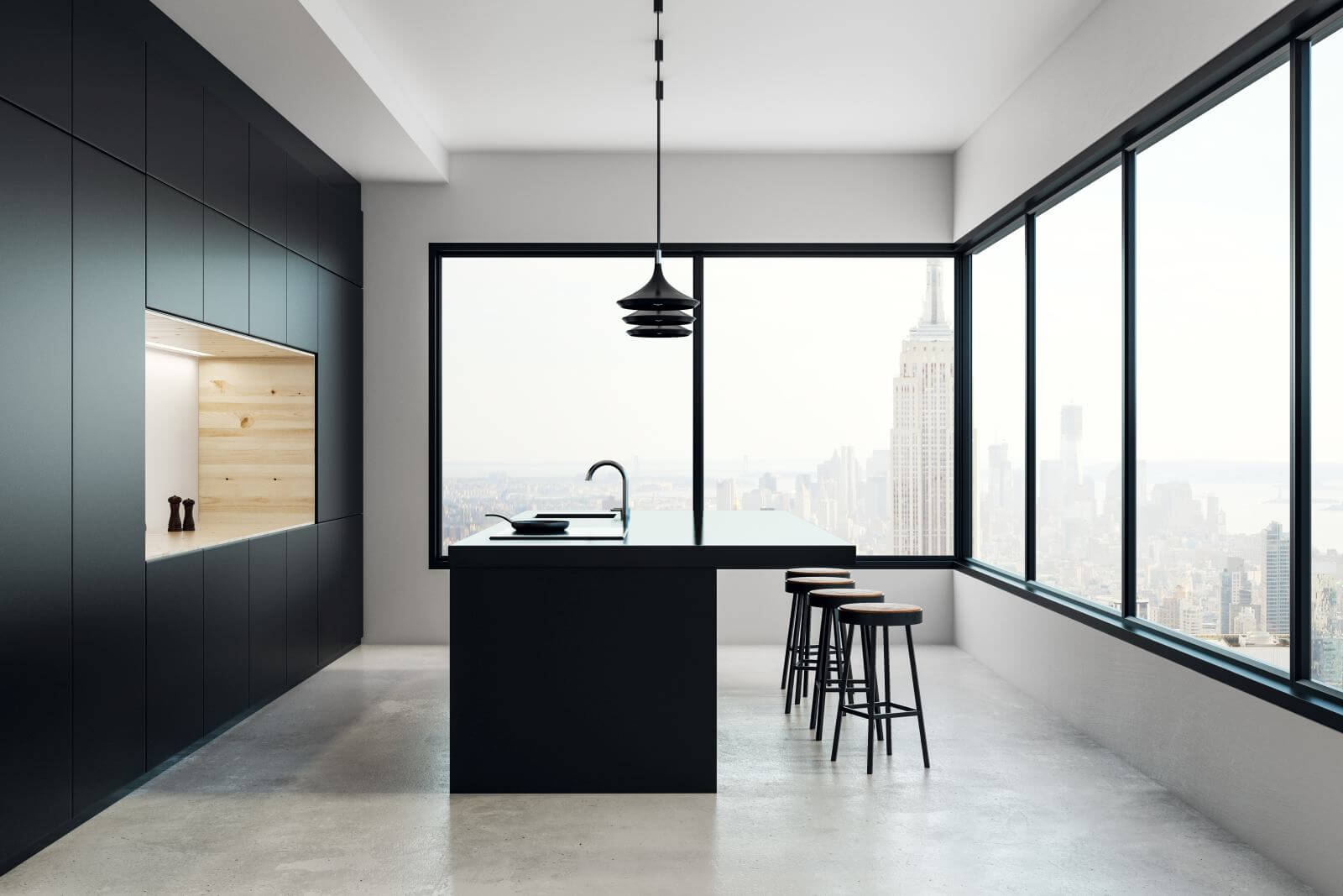 Clean kitchen studio interior with panoramic New York city view and daylight. 3D Rendering