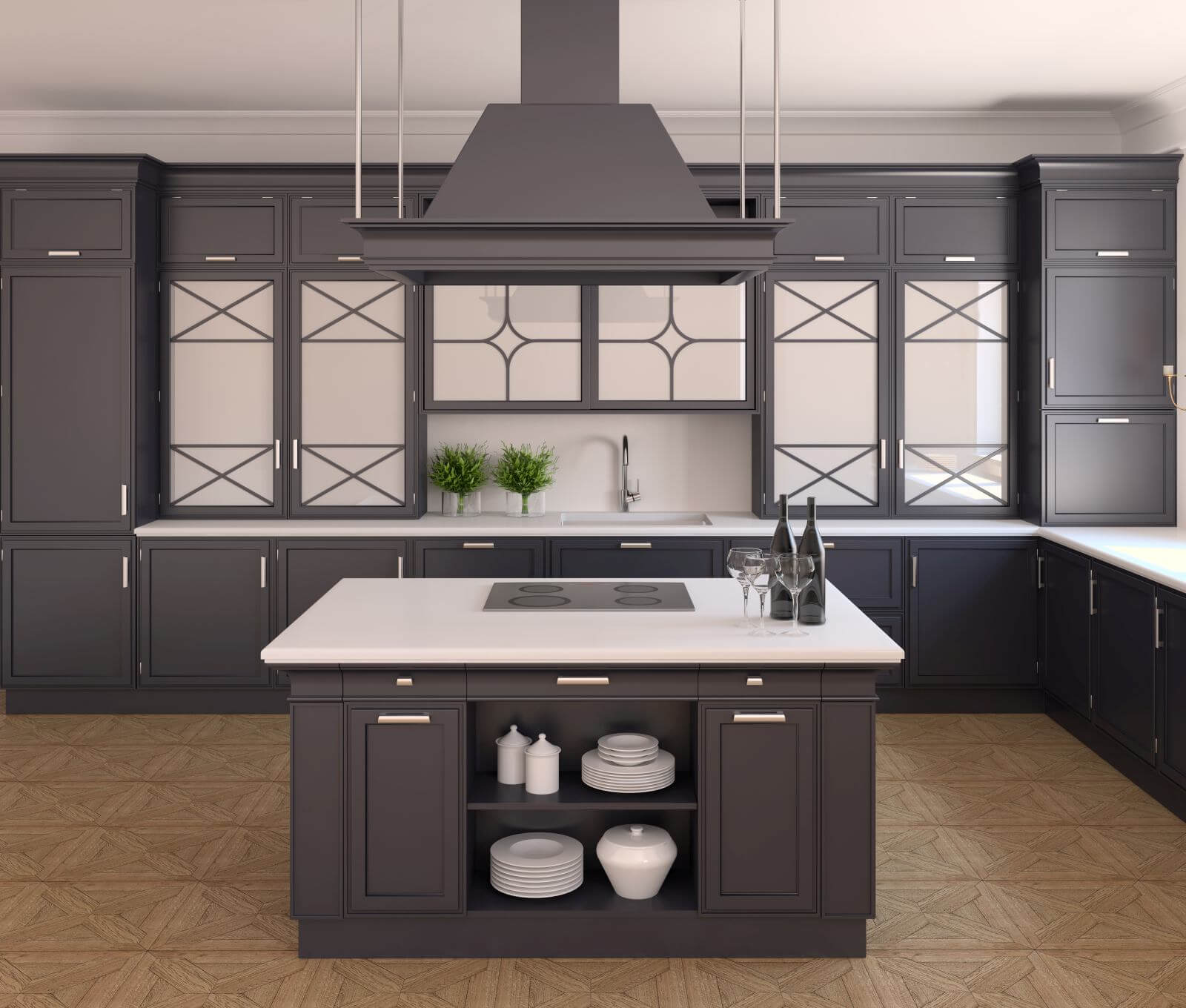 Interior of classic black kitchen. 3d render.