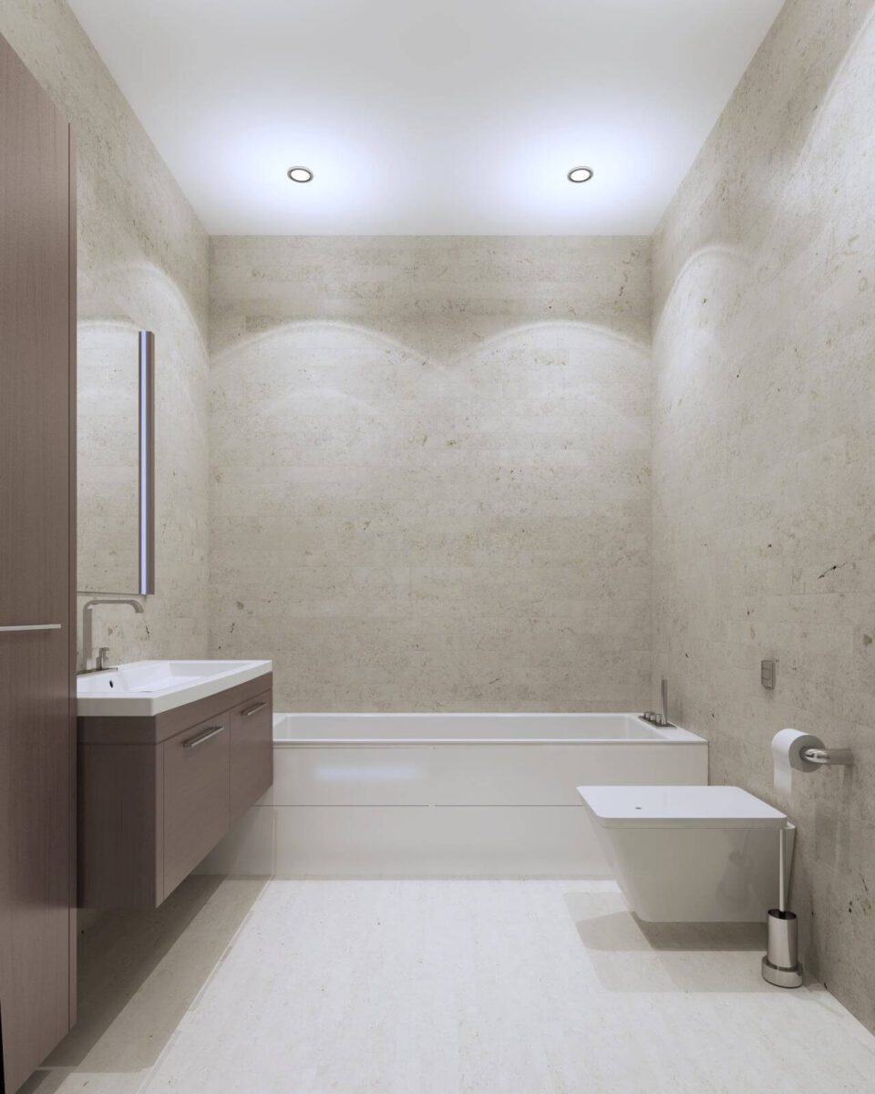 Bathroom contemporary style with textured plaster wall and ceiling lights, furniture of medium taupe color. 3D render
