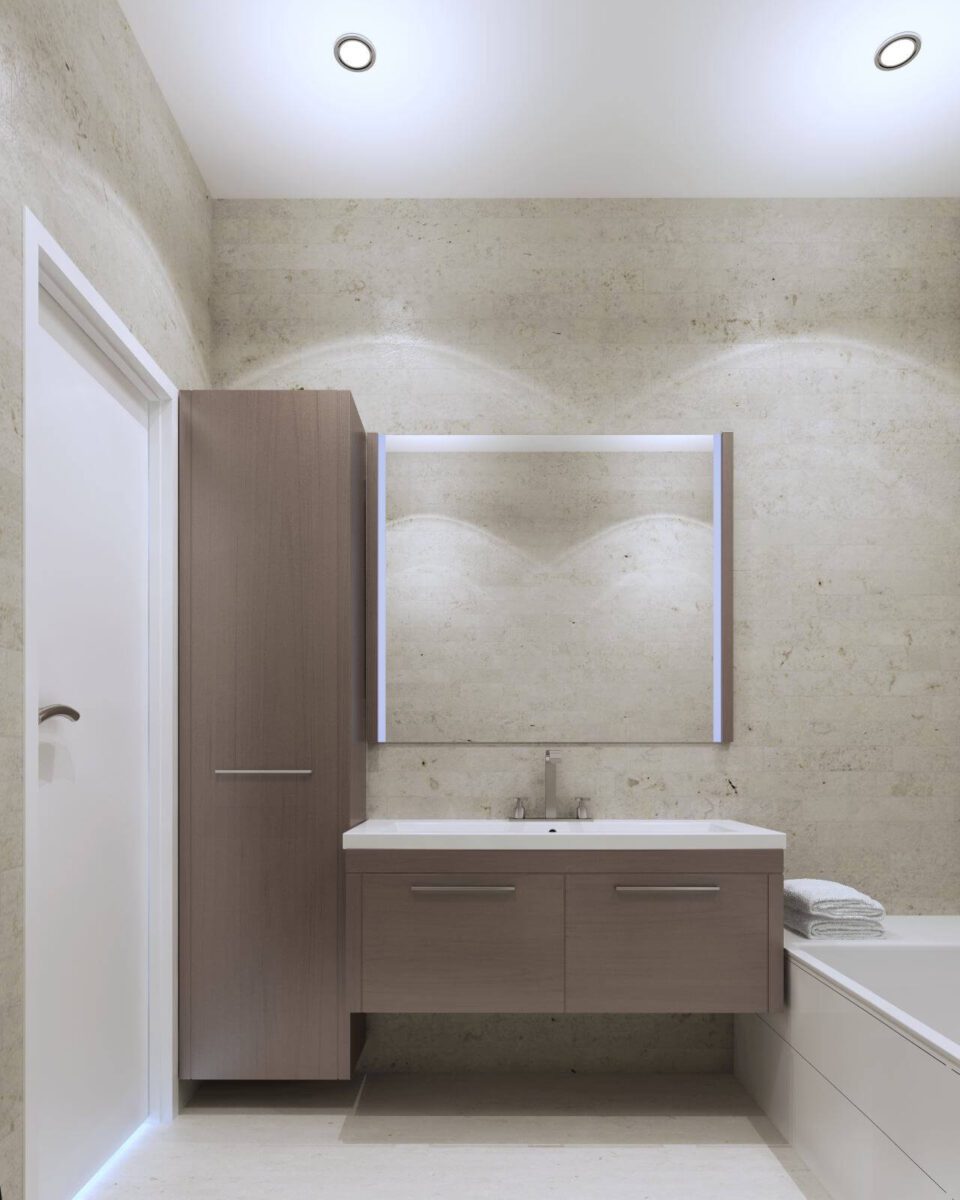 Minimalist private bathroom interior with plaster textured wall gray olive color and medium taupe furniture. 3D render