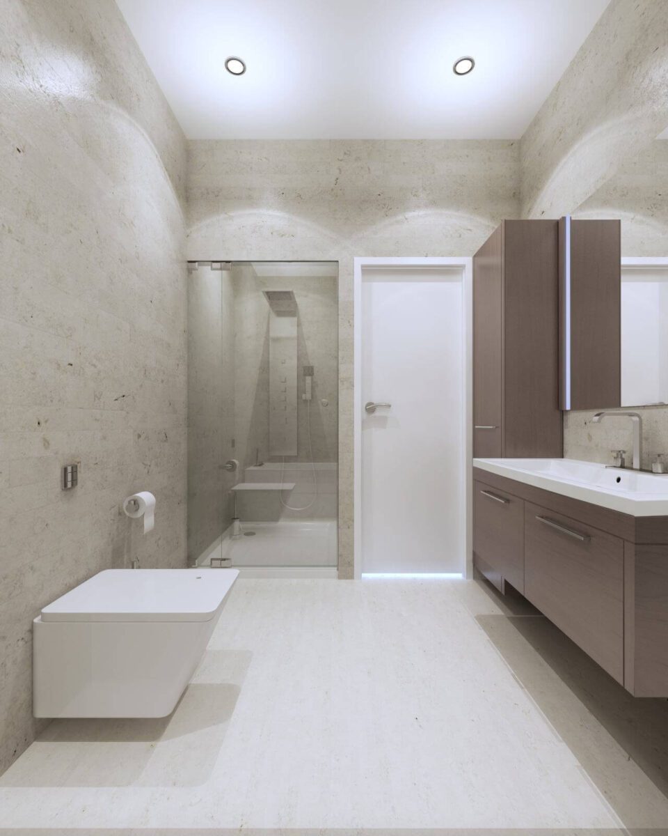 Light contemporary bathroom interior with glass door shower in luxury apartments. 3D render