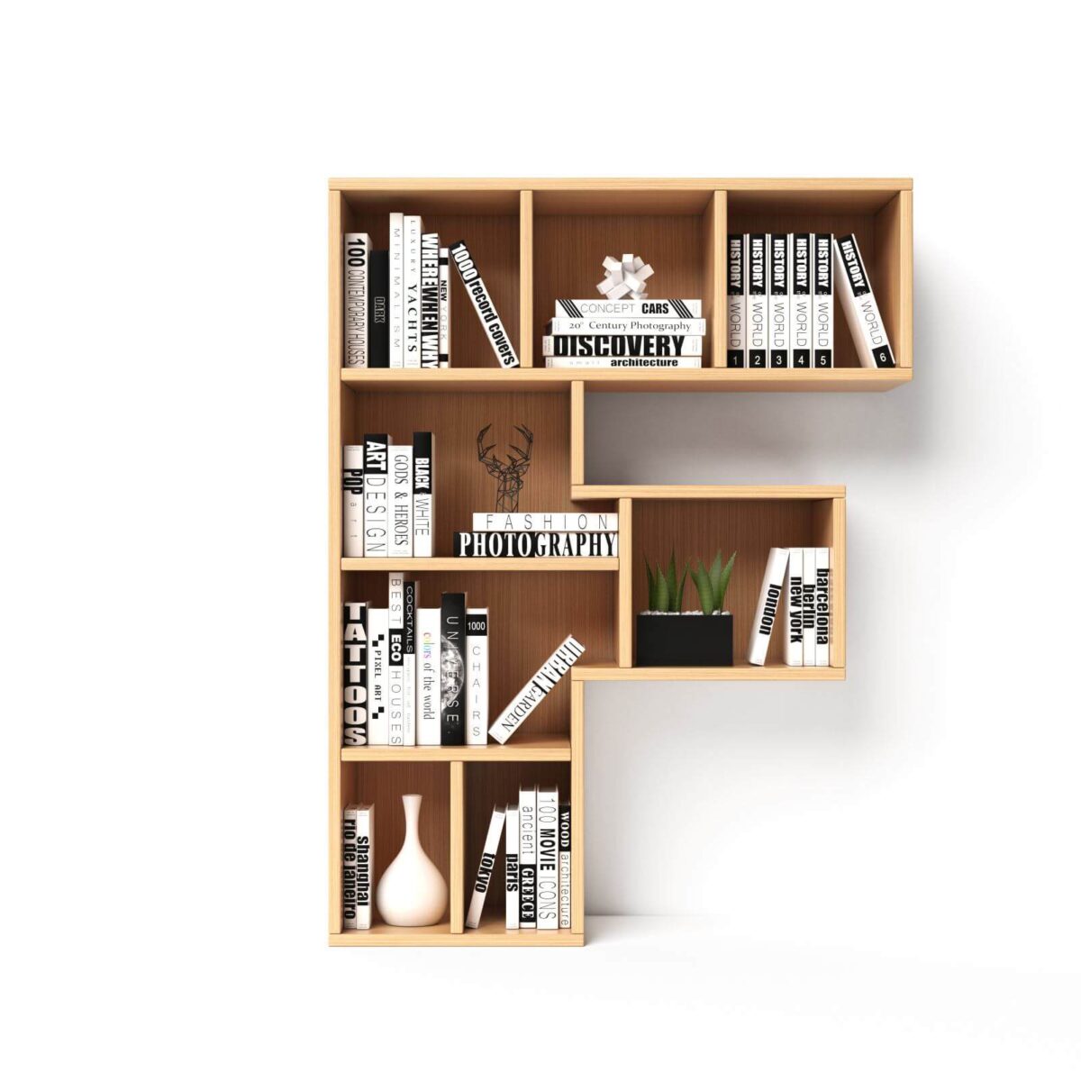 Bookshelves 3d font. Alphabet in the form of book shelves. Mockup font.  Letter F 3d rendering