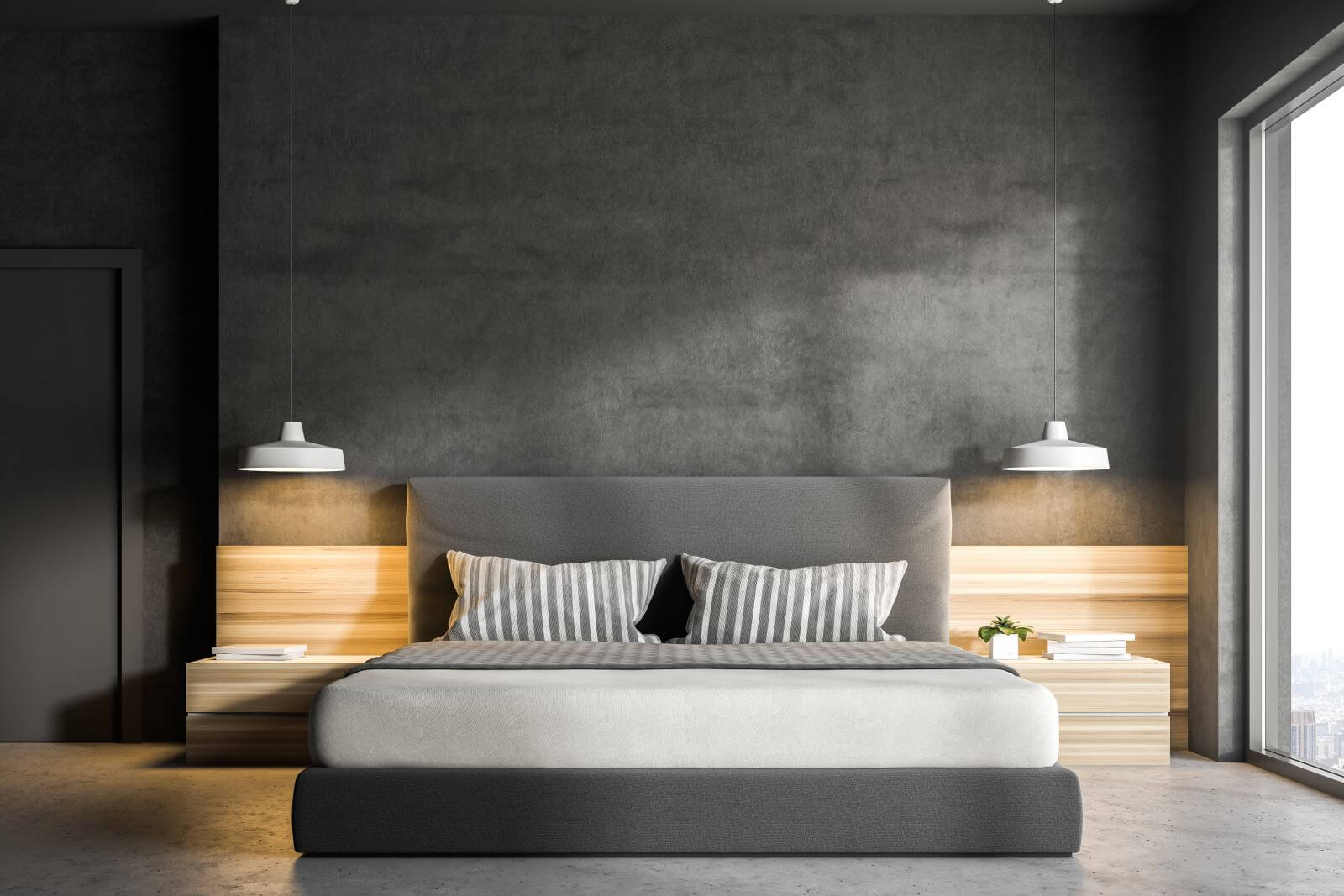 Interior of a modern bedroom with gray walls, a concrete floor, a double bed and two bedside tables. 3d rendering mock up