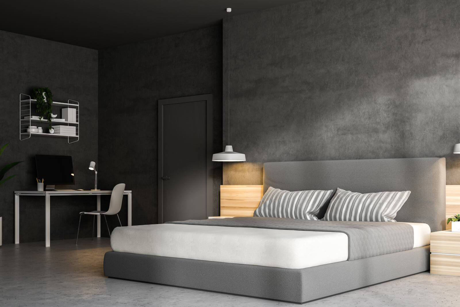 Corner of a modern bedroom with gray walls, a concrete floor, a double bed and a home office with a computer. 3d rendering mock up