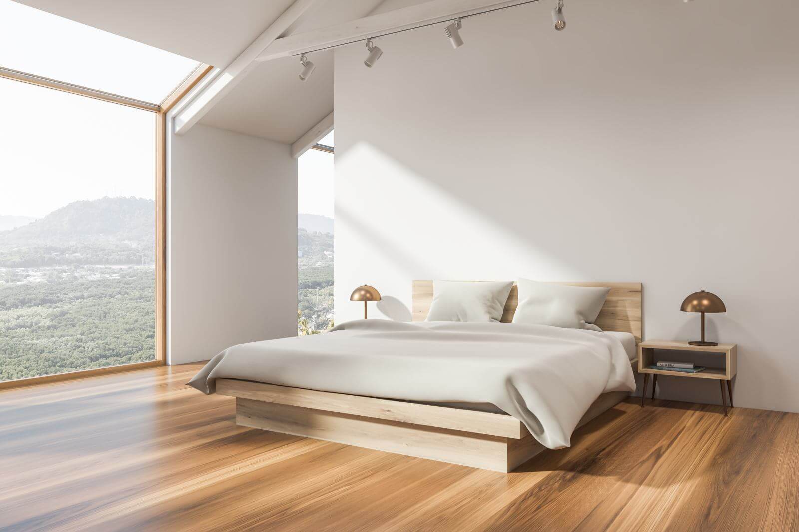 Corner of attic bedroom with white walls, wooden floor, master bed with white blanket and window with mountain view. 3d rendering