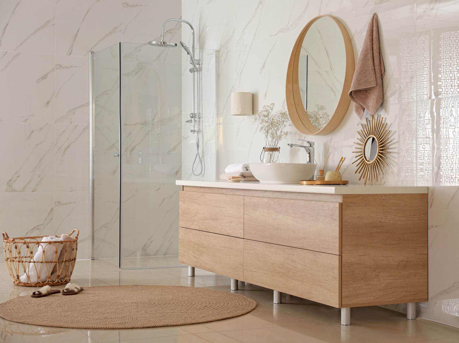 Modern bathroom interior with vessel sink and big mirror