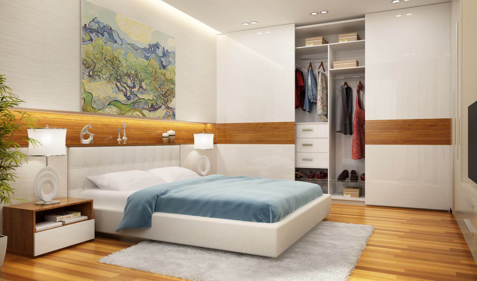 Beautiful bedroom and modern wardrobe