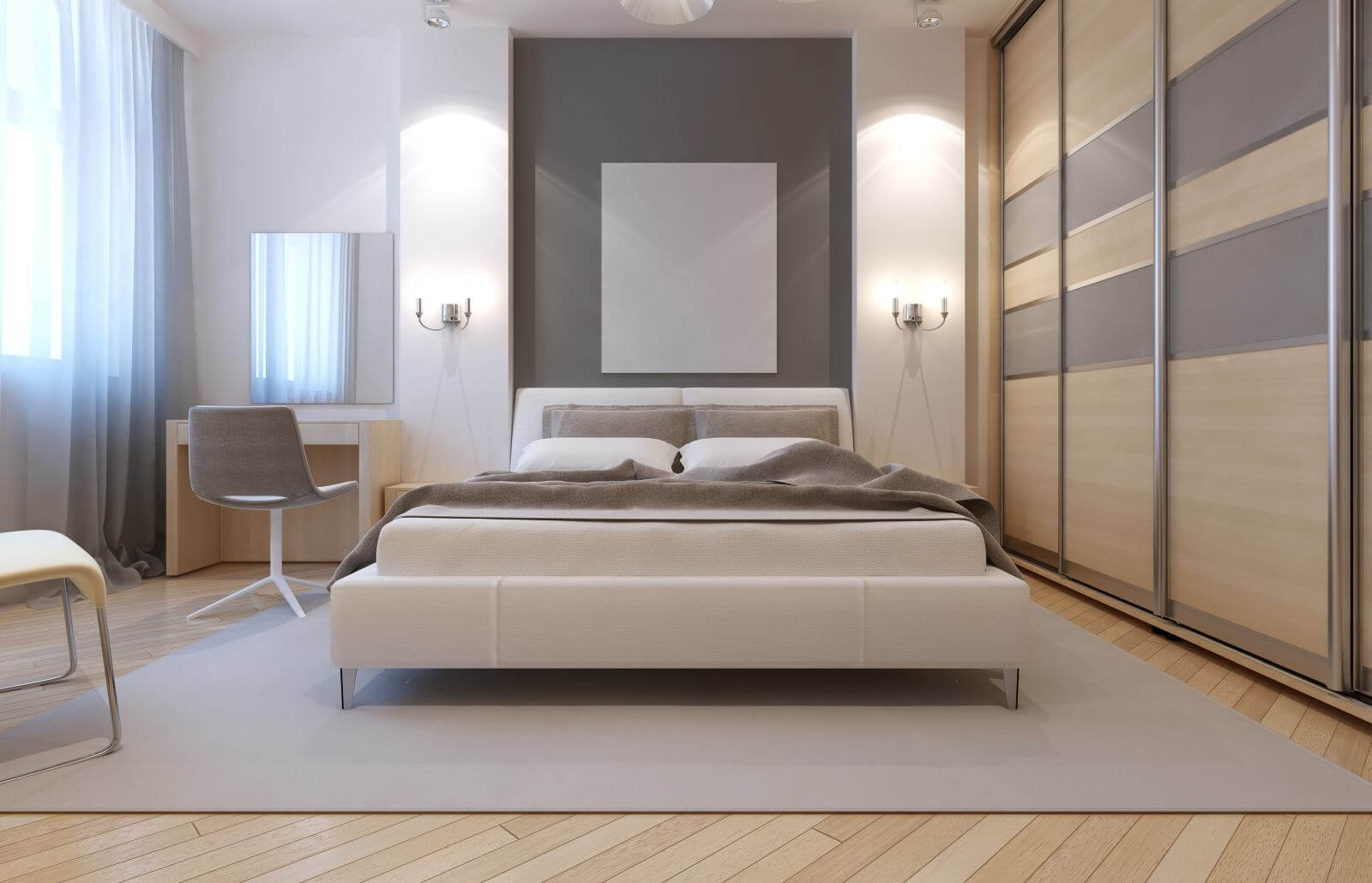 Master bedroom avangard design. Soft double bed, dressing table, closet with sliding doors. 3D render