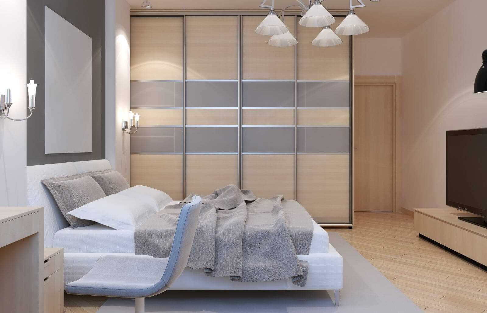 Master bedroom art deco style. Large closet with sliding doors, white walls and light laminate. 3D render