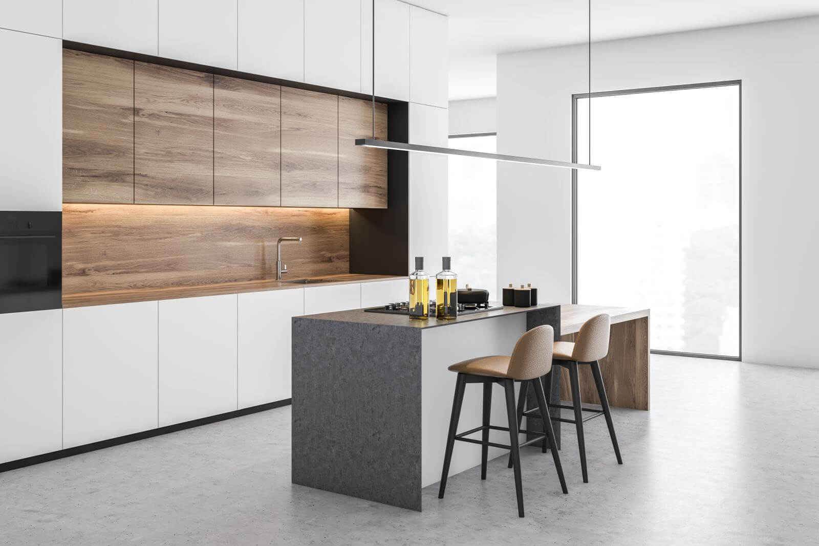 Corner of loft kitchen with white walls, concrete floor, white countertops, wooden cupboards, gray island and wooden bar with stools. 3d rendering