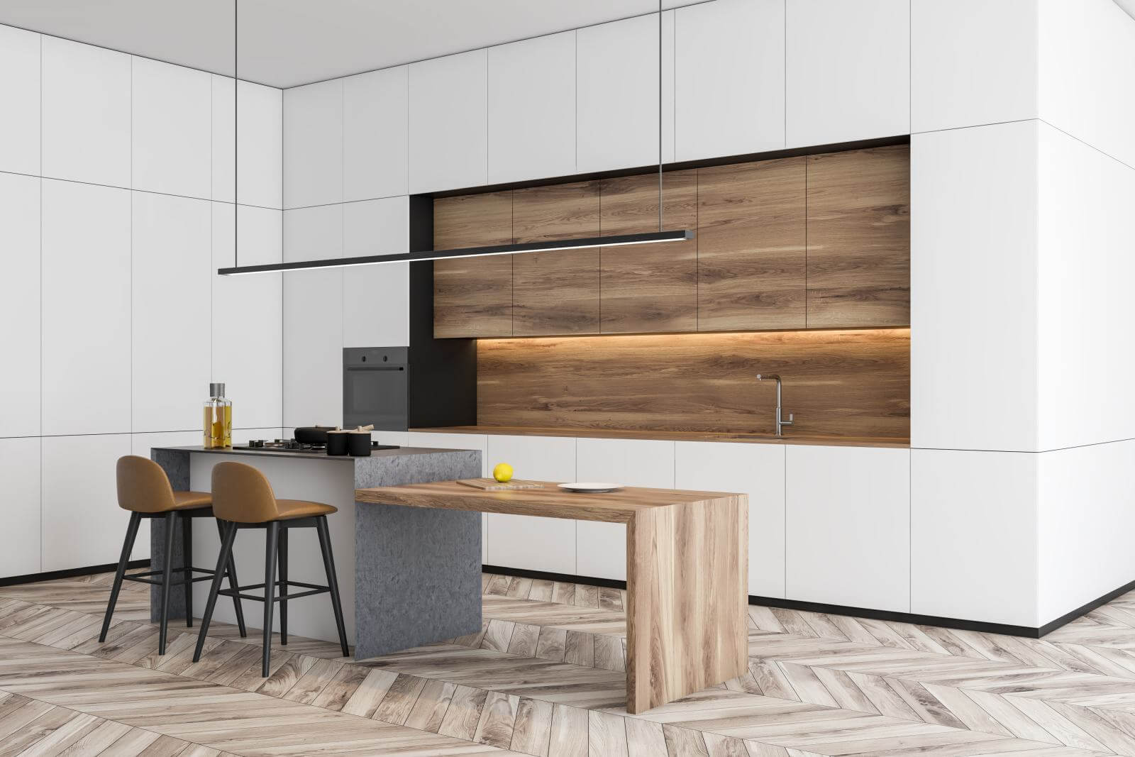 Corner of modern kitchen with white walls, wooden floor, white countertops, wooden cupboards and wooden bar with stools. 3d rendering