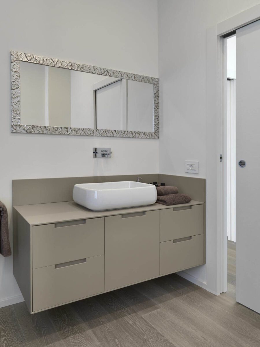 foreground the  sink cabinet with counter top washbasin in the modern bathroom