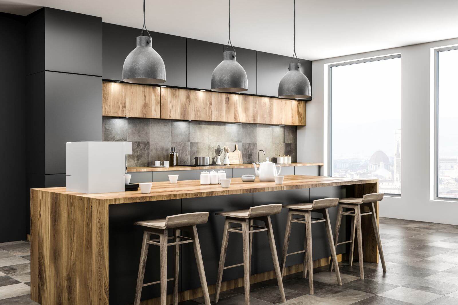 Corner of loft kitchen with tiled floor, gray countertops and long bar with wooden stools. Window with european city scenery. 3d rendering