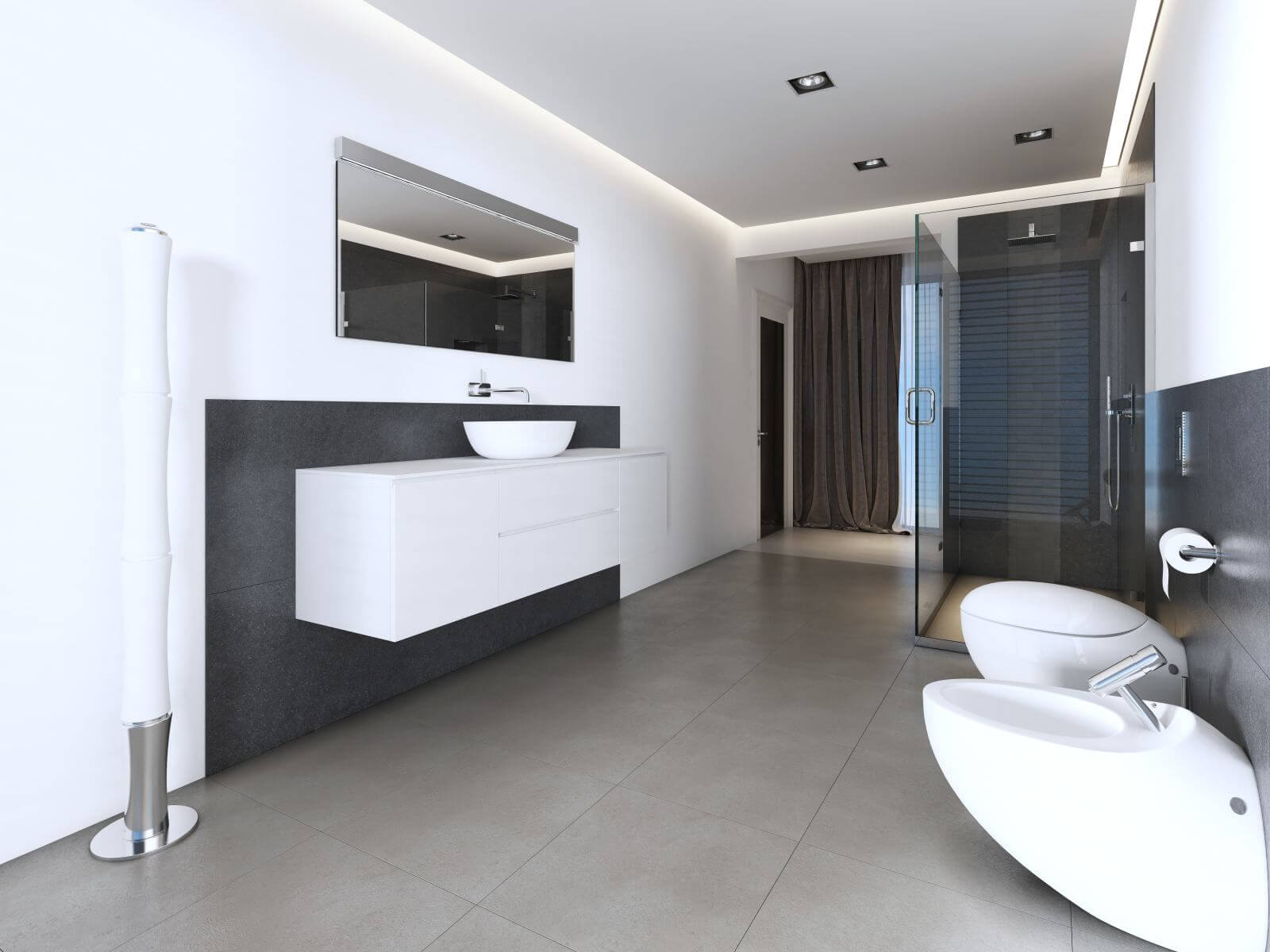 Contemporary bathroom with shower and bath in white and gray colors. 3D rendering