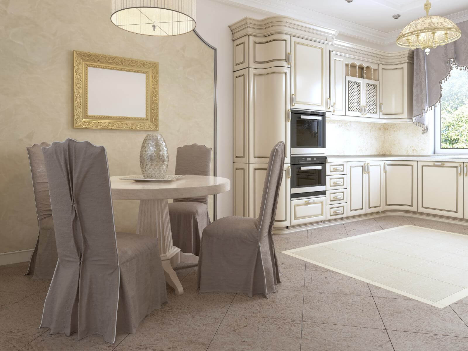 Luxurious modern kitchen in classic style in white colors with a dining table for four people. 3D rendering.