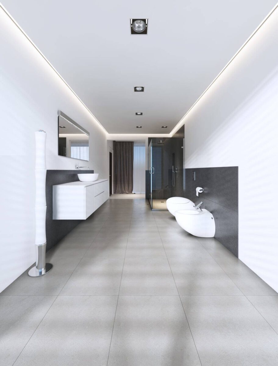 Contemporary bathroom with shower and bath in white and gray colors. 3D rendering