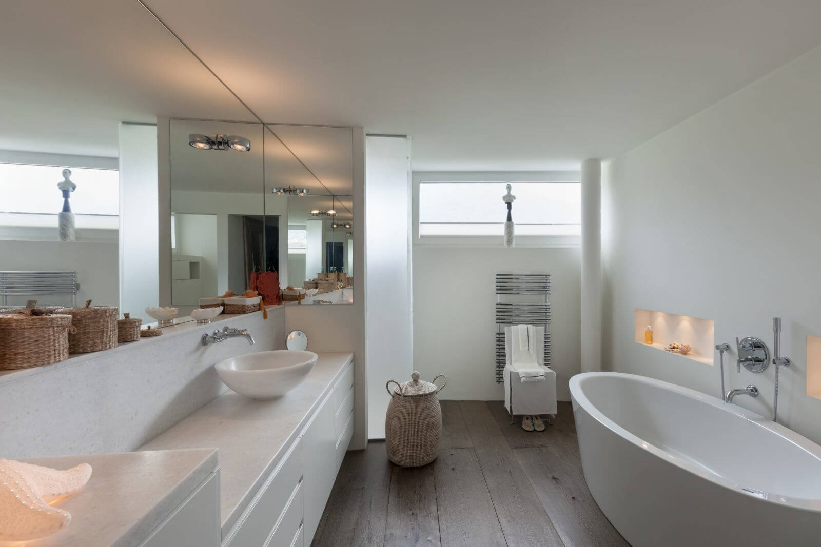 comfortable bathroom in modern design, wooden floor
