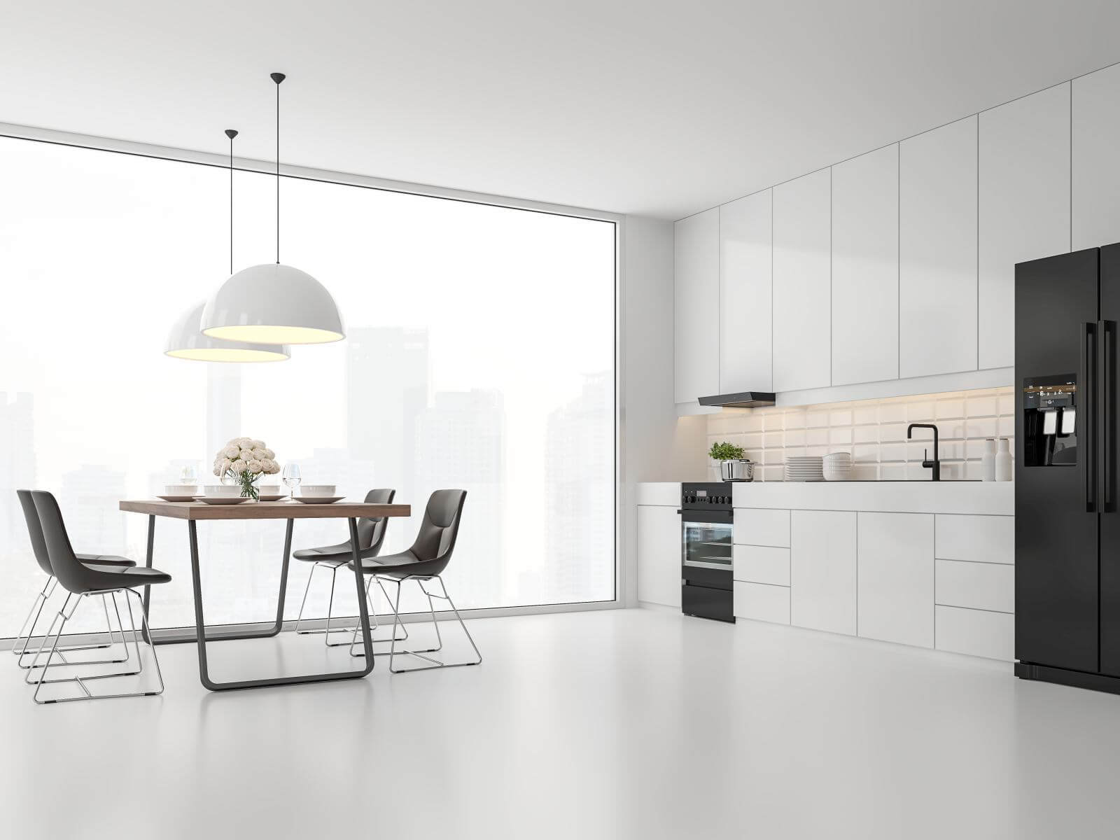 Minimal style kitchen and dining room 3d render.There are white floor and wall, Glossy white cabinet doors,Dark brown leather chair,The room has large windows. lookink out to the city view.