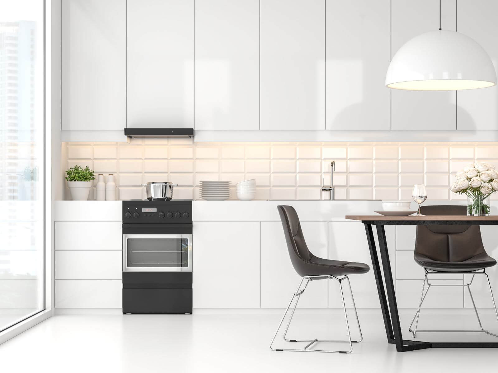 Modern white  kitchen and dining room 3d render.There are white floor and wall, Glossy white cabinet doors,Dark brown leather chair,The room has large windows. lookink out to the city view.