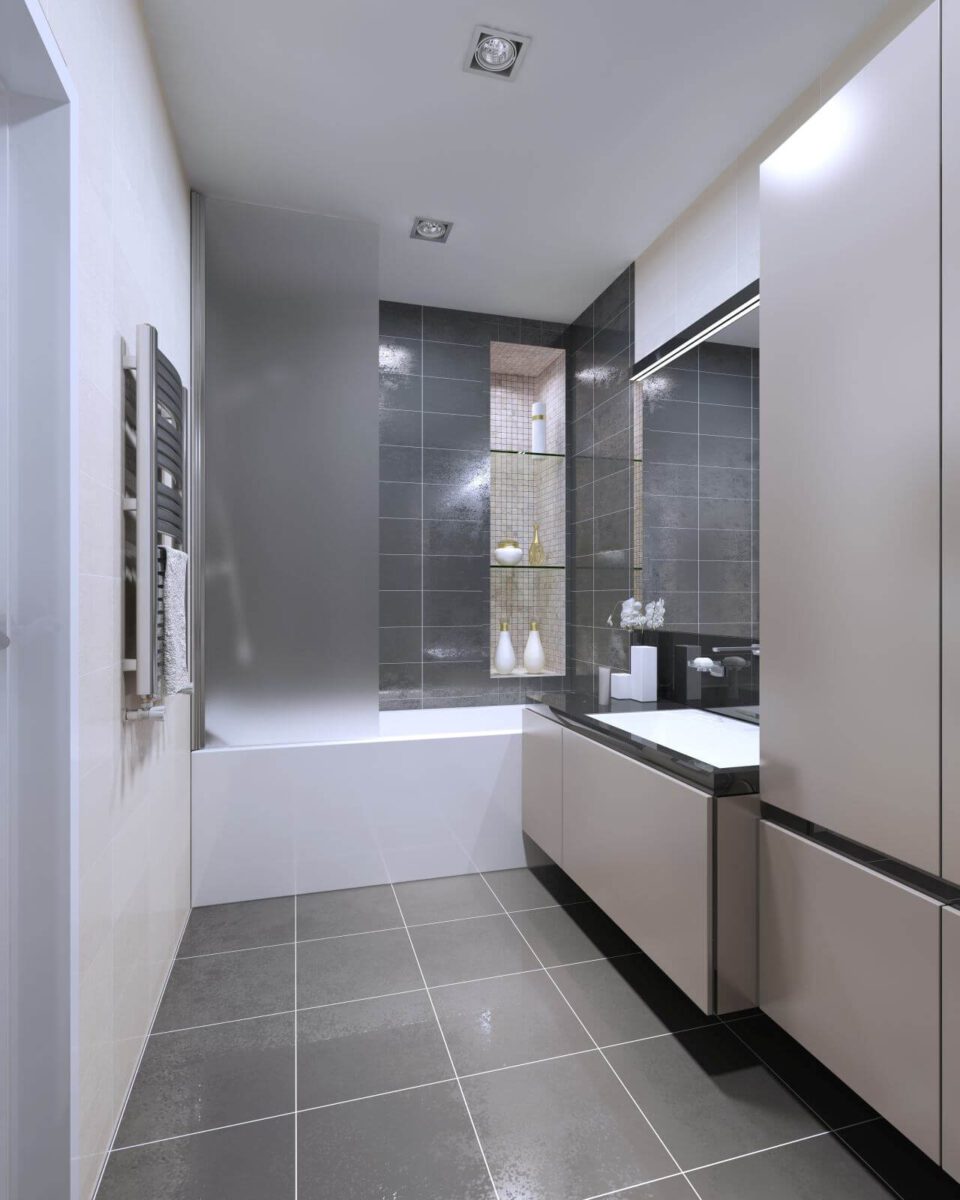 Modern bathroom design. Matt furniture, shower combined with a bath. Mixed wet asphalt and  beige tile on walls and floor. 3D render