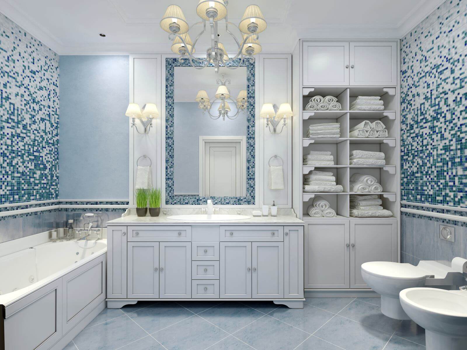 Furniture in classic blue bathroom. Blue colored bathroom with white furniture, great mirror with sconces and luxurious chandelier. Mix of tiles and textured plaster on walls pleasing to the eye. 3D render