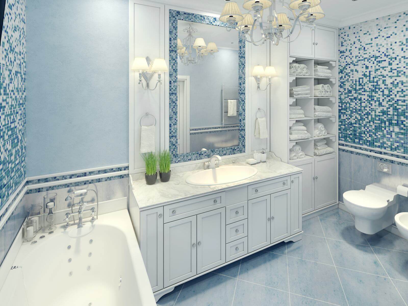 Bright art deco bathroom interior. The spacious bathroom with white furniture and fragments of mosaic wall. 3D render