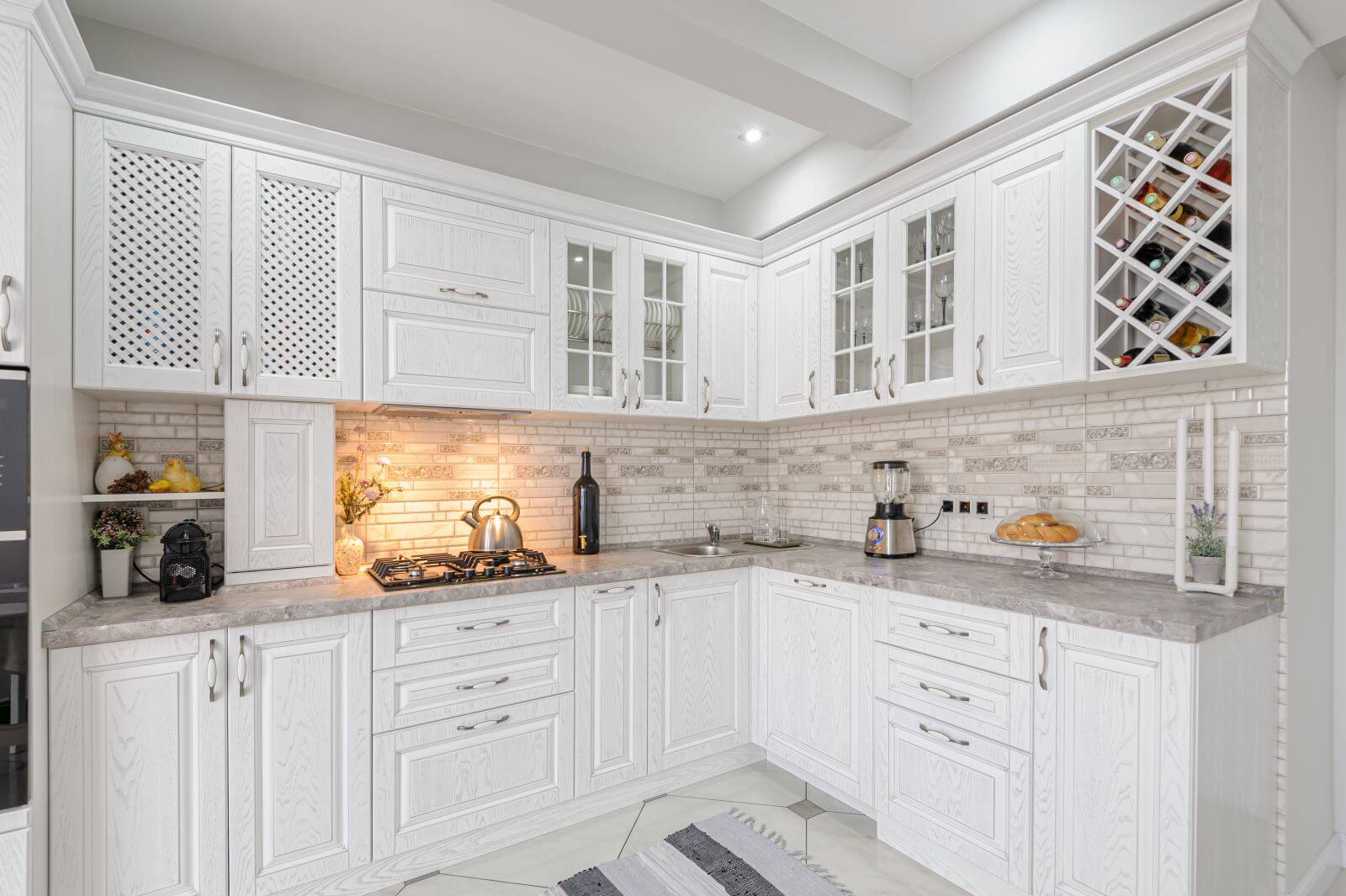 interior of modern white wooden kitchen in luxury home