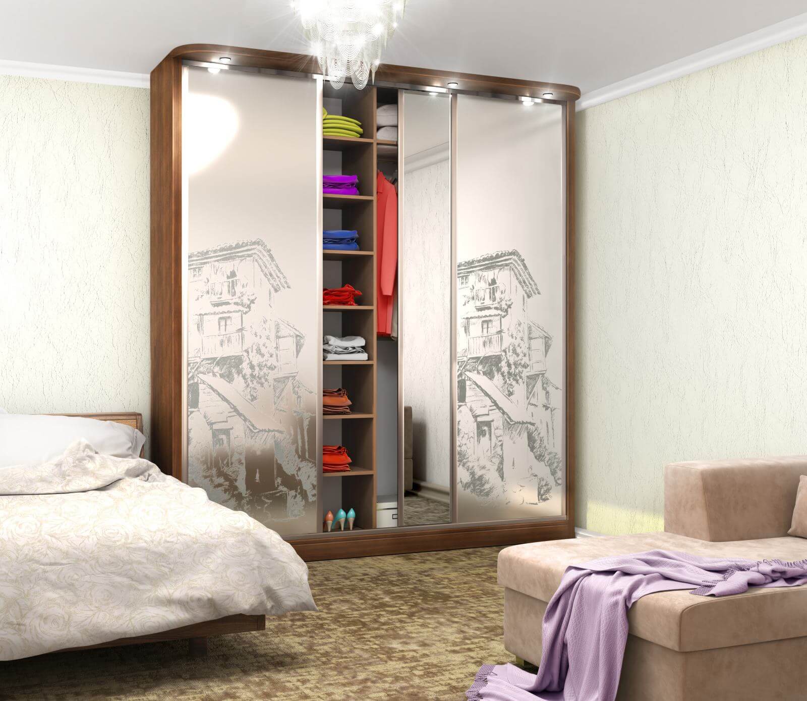 wardrobe with decor on the mirrors in the room. 3D illustration