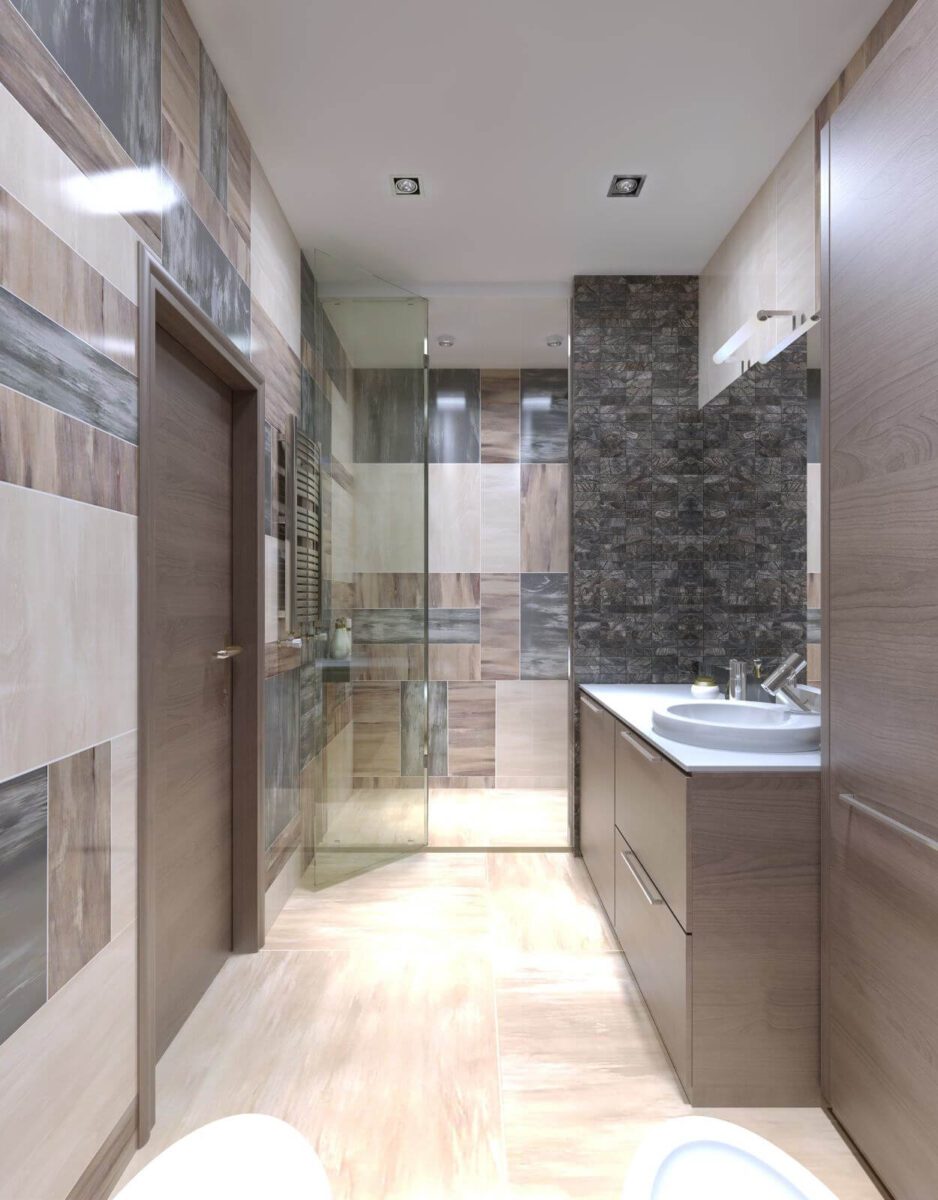 Large bathroom modern interior. One of the most unusual solutions mixing the tiles on the walls. 3D render