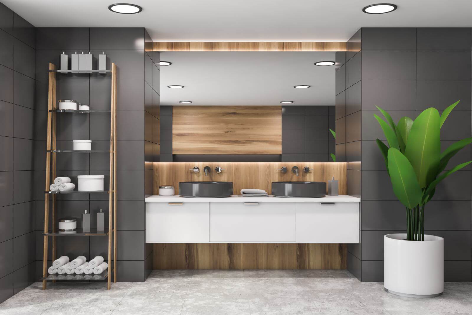 Interior of modern bathroom with gray tile and wooden walls, double sink with large mirror above it and shelves with towels and creams. Concept of spa. 3d rendering