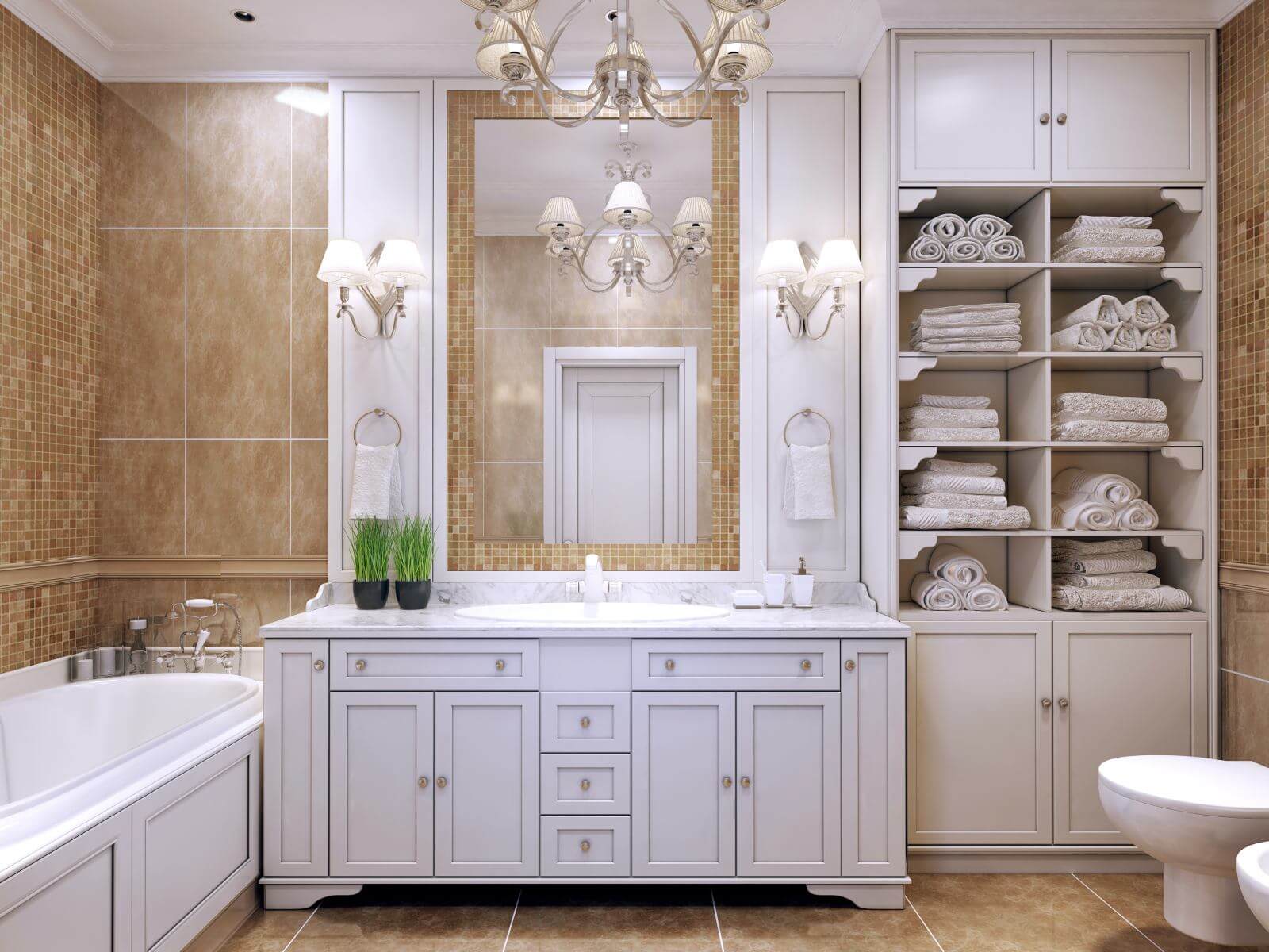 Furniture in classic bathroom. Cream colored bathroom with white furniture, great mirror with sconces and luxurious chandelier. Pleasing to the eye contrast of two colors. 3D render