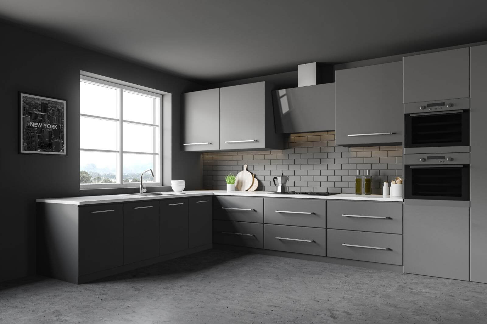 Corner of stylish kitchen with dark grey and brick walls, concrete floor, gray countertops with built in sink and cooker, cupboards and picture with New York cityscape. 3d rendering
