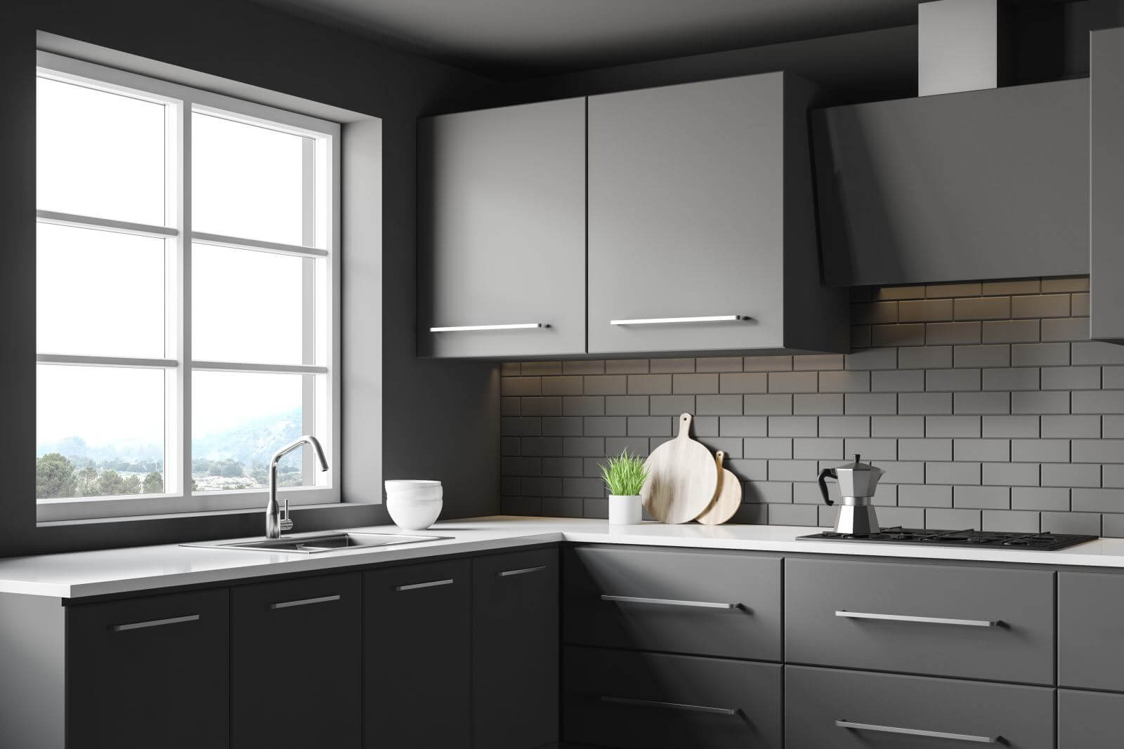 Interior of modern kitchen with gray and brick walls, big window, dark grey countertops with built in sink and cooker and grey cupboards. 3d rendering