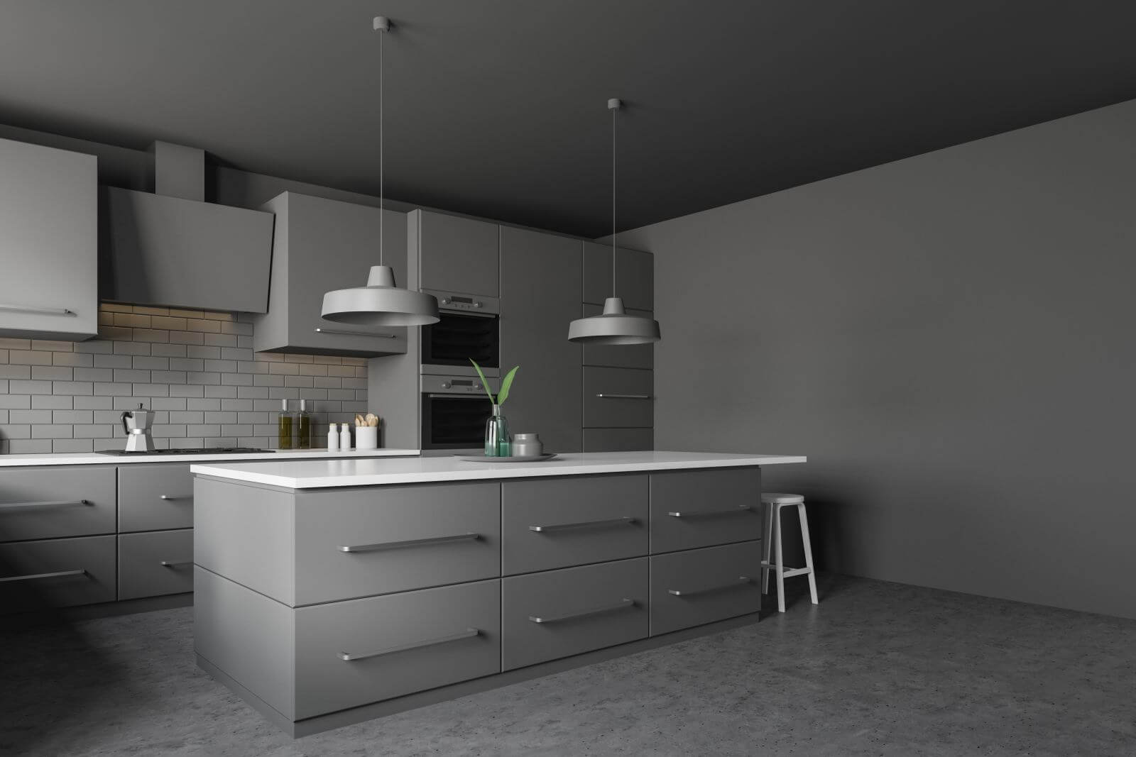 Corner of modern kitchen with dark grey and brick walls, concrete floor, grey countertops and bar with stools and comfortable cupboards. 3d erndering