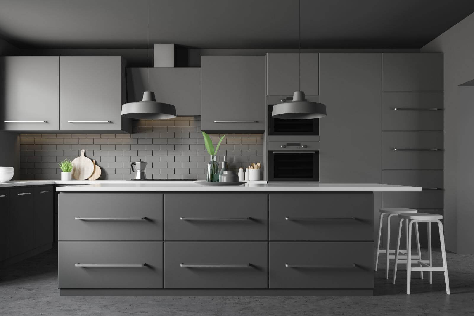 Interior of modern kitchen with dark grey and brick walls, concrete floor, grey countertops and bar with stools and comfortable cupboards. 3d erndering