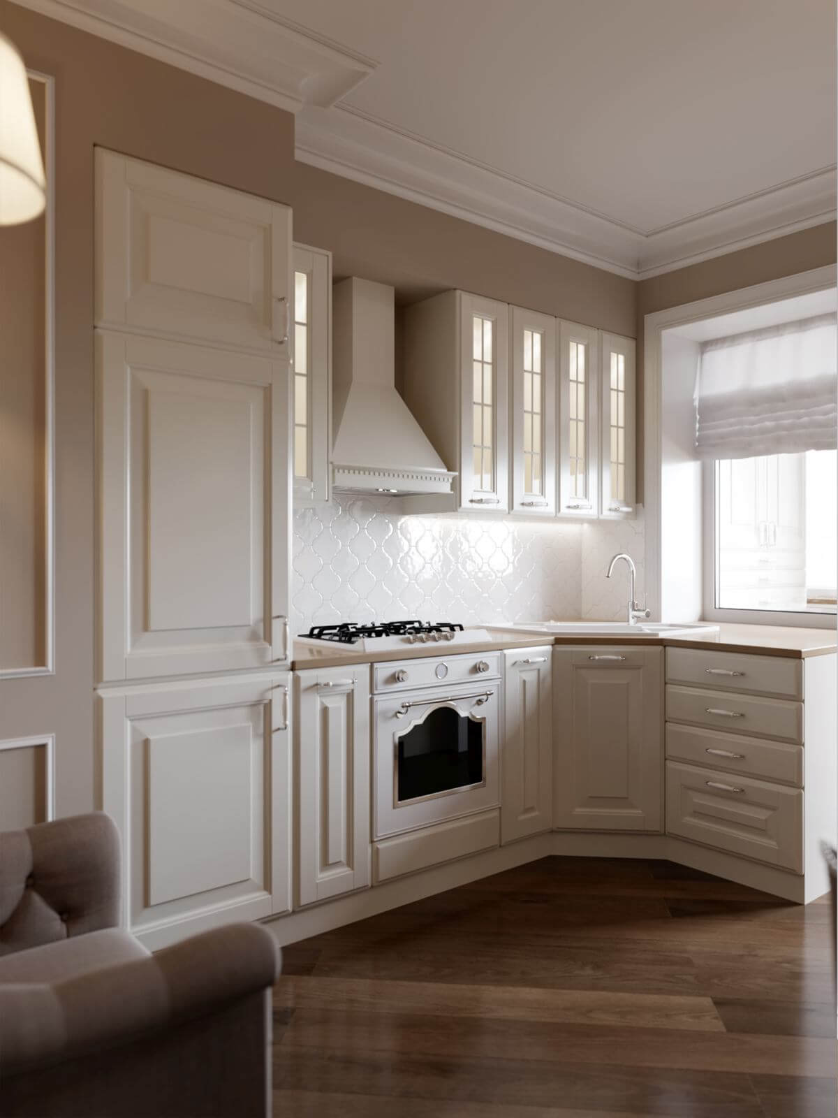 Elegant classic kitchen interior design white and beige colors with wooden floor. 3d render