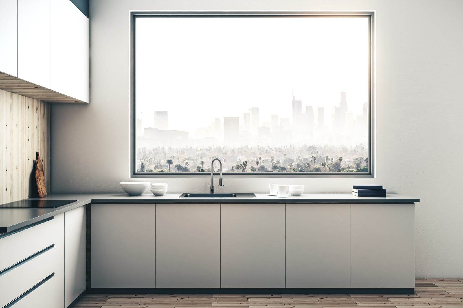 White kitchen interior with panoramic city view. 3D Rendering