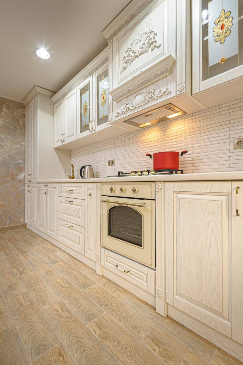 Simple and luxury modern white beige kitchen interior