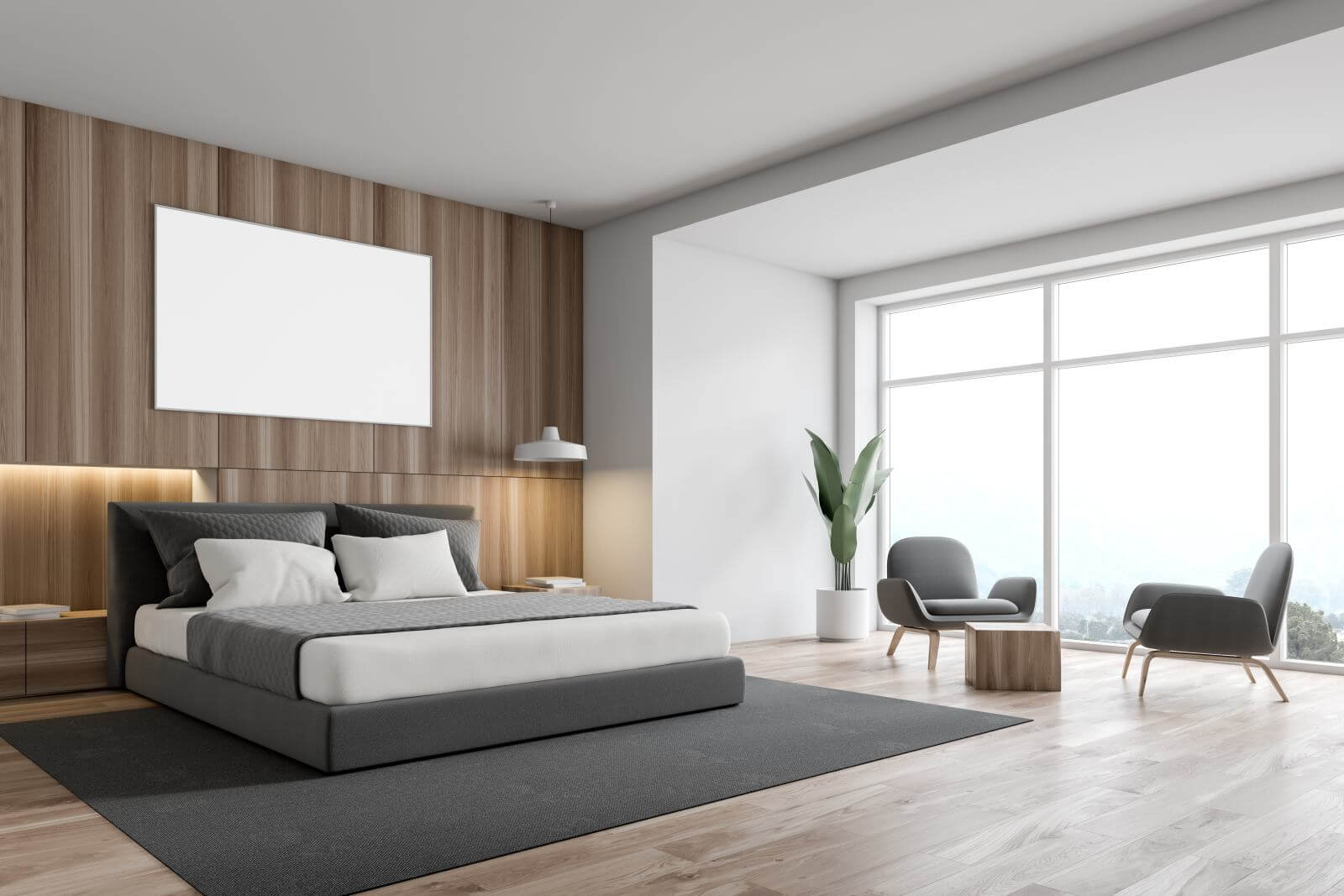 Corner of stylish bedroom with white and wooden walls, wooden floor, gray carpet, master bed and horizontal mock up poster. Armchairs near coffee table. 3d rendering