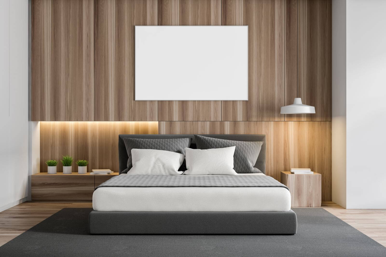 Interior of stylish bedroom with white and wooden walls, wooden floor, gray carpet, master bed and horizontal mock up poster. 3d rendering